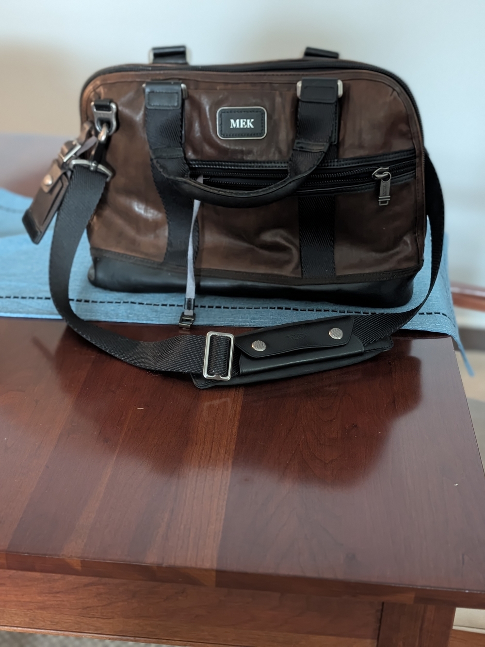 TUMI Brown Leather Briedcase with Adjustable Strap